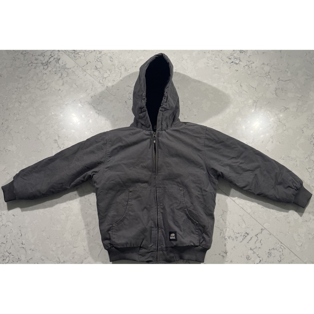 Berne Fleece Lined Canvas Jacket Youth Medium 10-12 Gray Hooded Full Zip Outdoor